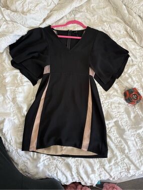 NBD Black Puff Sleeve Mini Dress Nude Side Panel V-Neck Size Small Revolve